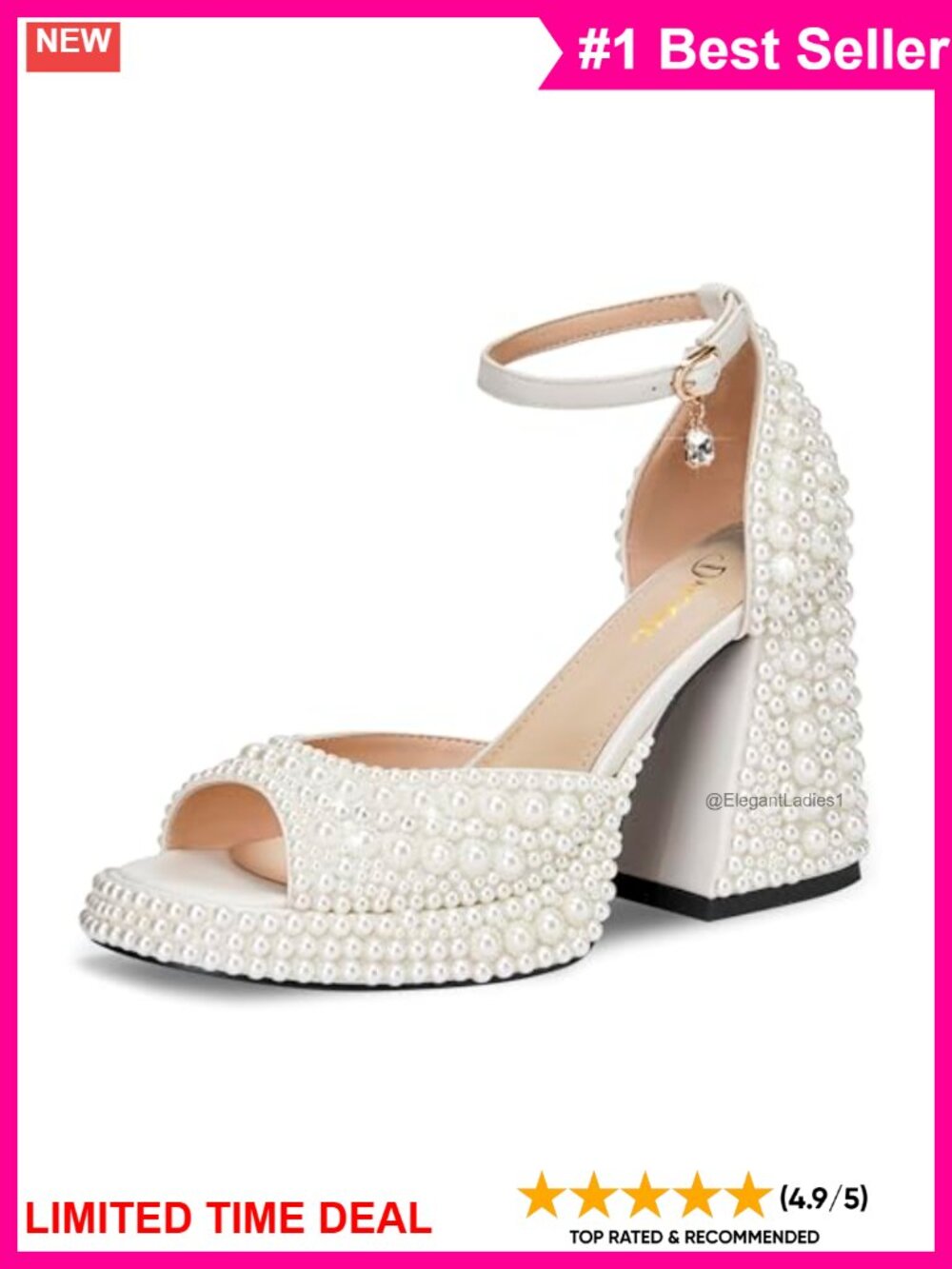 Pearl Chunky Platform High Heeled Sandals Open Toe Ankle Strap Faux Leather